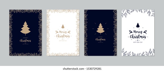 Set of christmas and happy new year greeting cards with lettering calligraphy decorative ornament elements.