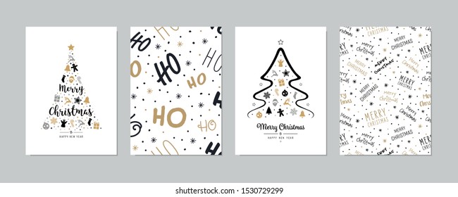 Set of christmas and happy new year greeting cards with lettering calligraphy decorative ornament elements.