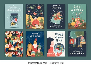 Set of Christmas and Happy New Year illustrations. Trendy retro style. Vector design templates.