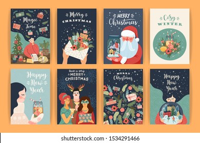 Set of Christmas and Happy New Year illustrations. Trendy retro style. Vector design templates.