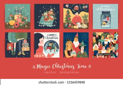 Set of Christmas and Happy New Year illustrations. Trendy retro style. Vector design templates.