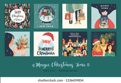 Set of Christmas and Happy New Year illustrations. Trendy retro style. Vector design templates.