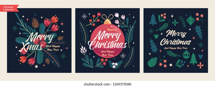 Set of Christmas and Happy New Year Floral Card templates. Trendy retro style. Vector design element.