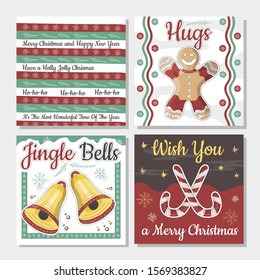 Set of Christmas and Happy New Year greeting cards with hand drawn decorative elements. Trendy vintage concept.