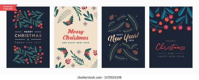 Set of Christmas and Happy New Year Floral Card templates. Trendy retro style. Vector design element.