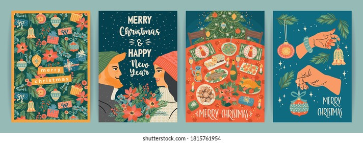 Set of Christmas and Happy New Year illustrations. Trendy retro style. Vector design templates.