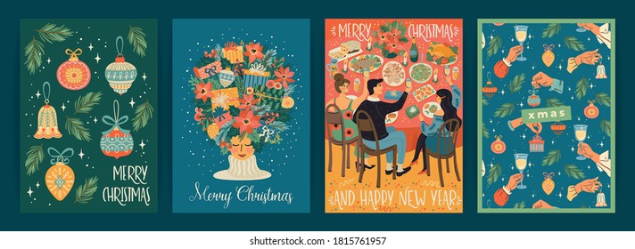 Set of Christmas and Happy New Year illustrations. Trendy retro style. Vector design templates.