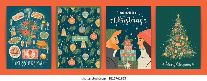 Set of Christmas and Happy New Year illustrations. Trendy retro style. Vector design templates.