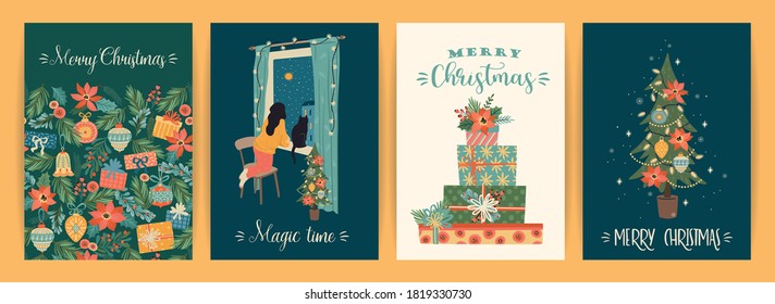 Set of Christmas and Happy New Year illustrations. Trendy retro style. Vector design templates.