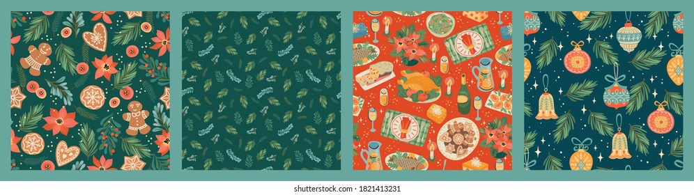 Set of Christmas and Happy New Year seamless pattern. Trendy retro style. Vector design template.