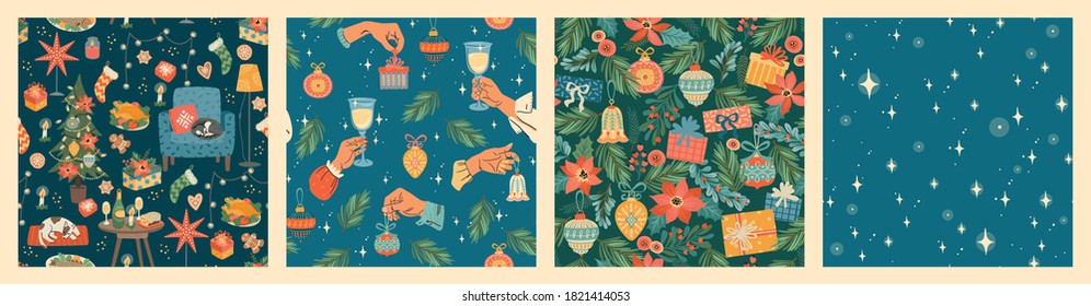 Set of Christmas and Happy New Year seamless pattern. Trendy retro style. Vector design template.