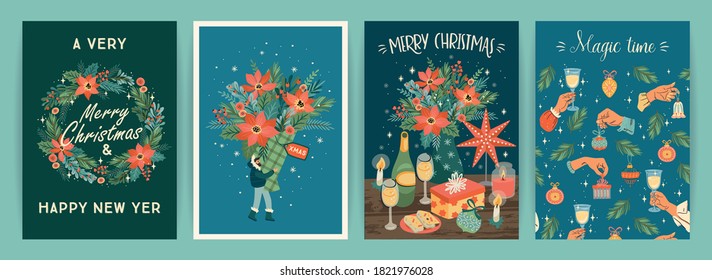 Set of Christmas and Happy New Year illustrations. Trendy retro style. Vector design templates.
