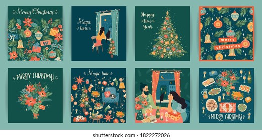 Set of Christmas and Happy New Year illustrations. Trendy retro style. Vector design templates.