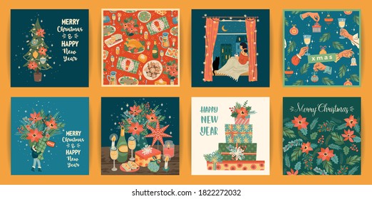 Set of Christmas and Happy New Year illustrations. Trendy retro style. Vector design templates.