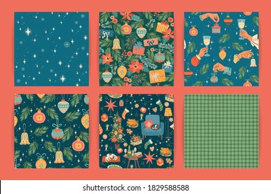 Set of Christmas and Happy New Year  patterns. Trendy retro style. Vector design template.