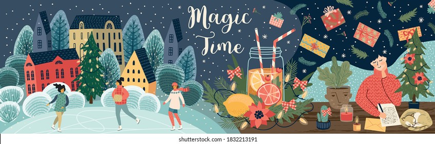 Set of Christmas and Happy New Year illustrations. Trendy retro style. Vector design banner.