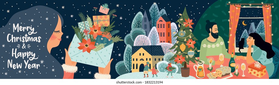 Set of Christmas and Happy New Year illustrations. Trendy retro style. Vector design banner.