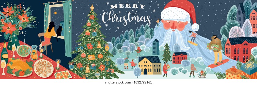 Set of Christmas and Happy New Year illustrations. Trendy retro style. Vector design banner.