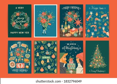 Set of Christmas and Happy New Year illustrations. Trendy retro style. Vector design templates.