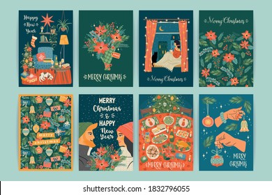 Set of Christmas and Happy New Year illustrations. Trendy retro style. Vector design templates.