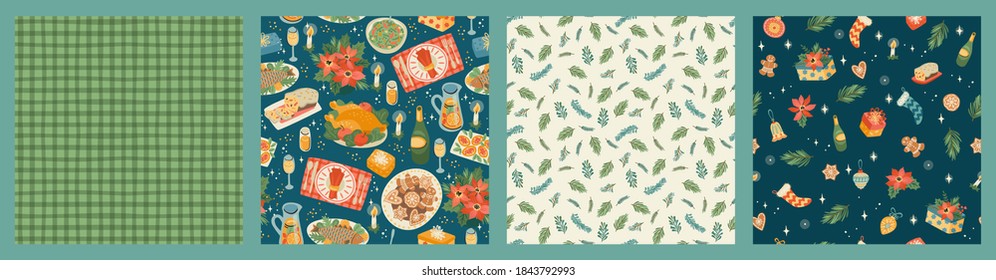 Set of Christmas and Happy New Year seamless pattern. Trendy retro style. Vector design template.