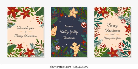 Set of Christmas and Happy New Year greeting cards templates.Modern vector layouts with hand drawn traditional winter holiday symbols.Xmas trendy designs for banners,invitations,prints,social media.