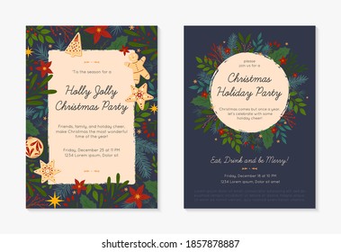Set of Christmas and Happy New Year party invitations templates.Modern vector layouts with hand drawn traditional winter holiday symbols.Xmas trendy designs for banners,invitations,prints,social media