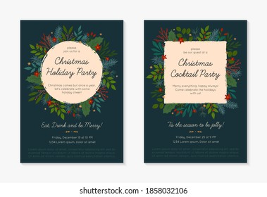 Set of Christmas and Happy New Year party invitations templates.Modern vector layouts with hand drawn traditional winter holiday symbols.Xmas trendy designs for banners,invitations,prints,social media