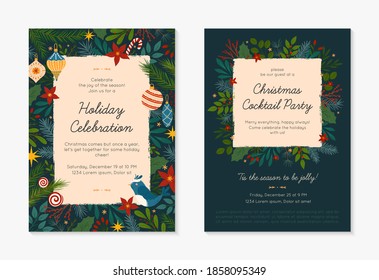 Set Of Christmas And Happy New Year Party Invitations Templates.Modern Vector Layouts With Hand Drawn Traditional Winter Holiday Symbols.Xmas Trendy Designs For Banners,invitations,prints,social Media