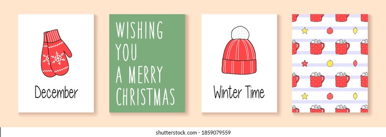Set of Christmas and Happy New Year illustrations. Mittens, winter hat, hot chocolate. Seamless pattern. Vector design templates.