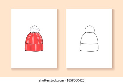 Set of Christmas and Happy New Year illustrations. oloring pages. Winter hat. Vector design templates.