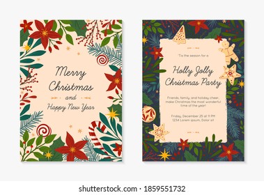 Set of Christmas and Happy New Year greetings and party invitations templates.Modern vector layouts with traditional winter holiday symbols.Xmas trendy designs for banners; invitations; prints; 