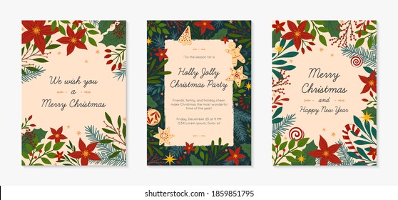 Set of Christmas and Happy New Year greetings and party invitations templates.Modern vector layouts with traditional winter holiday symbols.Xmas trendy designs for banners; invitations; prints.