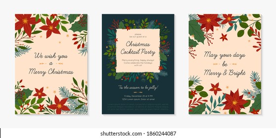 Set of Christmas and Happy New Year greetings and party invitations templates.Modern vector layouts with traditional winter holiday symbols.Xmas trendy designs for banners; invitations; prints.