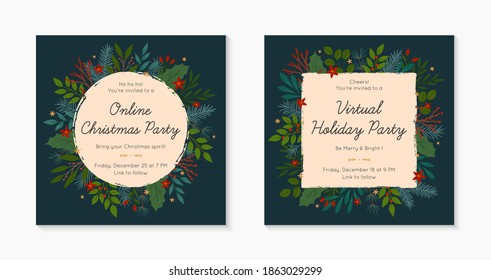 Set Of Christmas And Happy New Year Virtual Party Invitation Templates During Covid 19.Modern Vector Layouts With Traditional Winter Holiday Symbols.Xmas Trendy Designs For Banners,prints,social Media