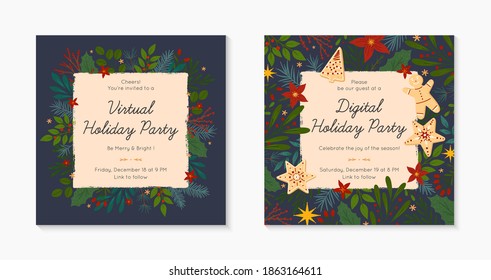 Set Of Christmas And Happy New Year Virtual Party Invitation Templates During Covid 19.Modern Vector Layouts With Traditional Winter Holiday Symbols.Xmas Trendy Designs For Banners,prints,social Media