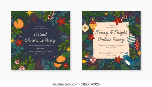 Set Of Christmas And Happy New Year Virtual Party Invitation Templates During Covid 19.Modern Vector Layouts With Traditional Winter Holiday Symbols.Xmas Trendy Designs For Banners,prints,social Media