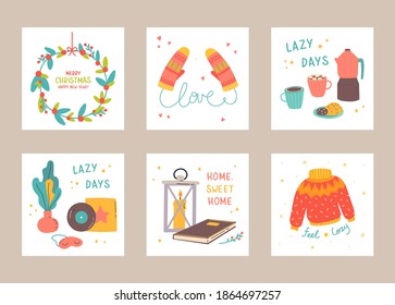 Set of Christmas and Happy New Year card templates. Trendy retro style. Cozy posters set. Template for greeting scrapbooking, congratulations, invitations, stickers, planners.Vector flat cartoon style