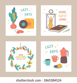 Set of Christmas and Happy New Year card templates. Trendy retro style. Cozy posters set. Template for greeting scrapbooking, congratulations, invitations, stickers, planners.Vector flat cartoon style