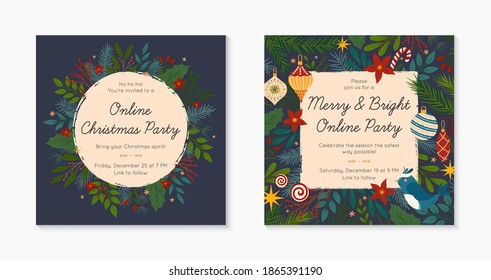 Set Of Christmas And Happy New Year Virtual Party Invitation Templates During Covid 19.Modern Vector Layouts With Traditional Winter Holiday Symbols.Xmas Trendy Designs For Banners,prints,social Media