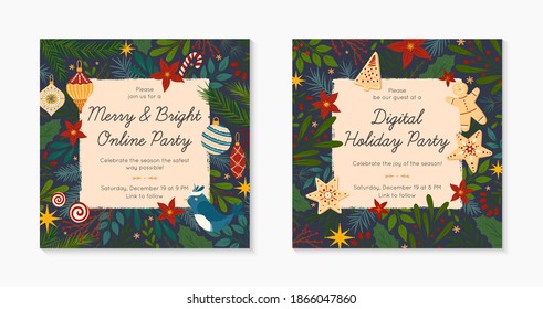 Set Of Christmas And Happy New Year Virtual Party Invitation Templates During Covid 19.Modern Vector Layouts With Traditional Winter Holiday Symbols.Xmas Trendy Designs For Banners,prints,social Media