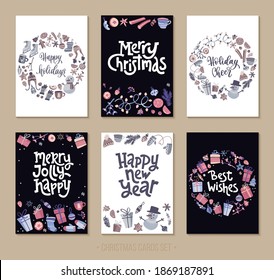 Set Christmas and Happy New Year greeting cards with handwritten lettering and decorative winter holiday elements. Decorative vector illustration for winter invitations, cards, posters and flyers.