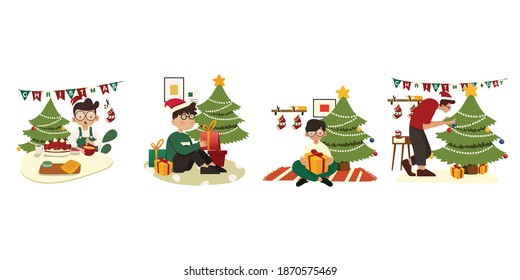 Set of Christmas and Happy New Year illustrations. Trendy retro style. Vector design templates.