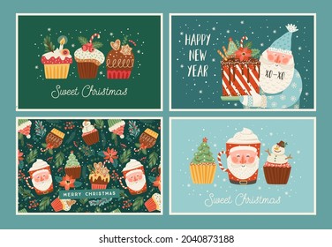 Set of Christmas and Happy New Year illustrations. Trendy retro style. Vector design templates.