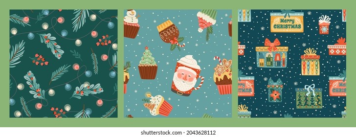 Set of Christmas and Happy New Year seamless patterns with christmas sweets, gift boxes, spruce twigs . Vector design template.