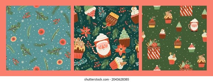 Set of Christmas and Happy New Year seamless patterns with christmas sweets and spruce twigs . Vector design template.