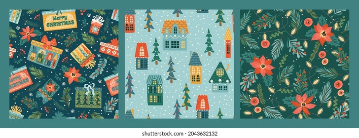 Set of Christmas and Happy New Year seamless patterns with christmas houses, gift boxes, spruce twigs, flowers. Vector design template.