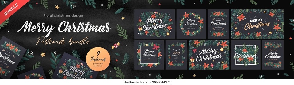 Set of Christmas and Happy New Year Floral Card templates. Trendy retro style. Vector design element.