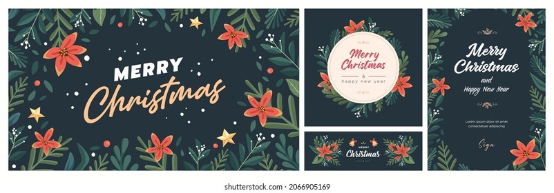 Set of Christmas and Happy New Year Floral Card templates. Trendy retro style. Vector design element.