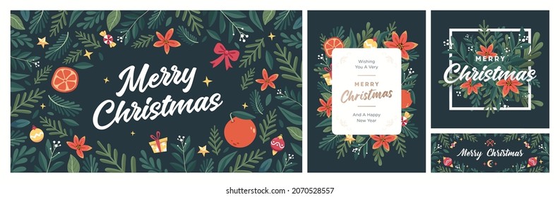 Set of Christmas and Happy New Year Floral Card templates. Trendy retro style. Vector design element.